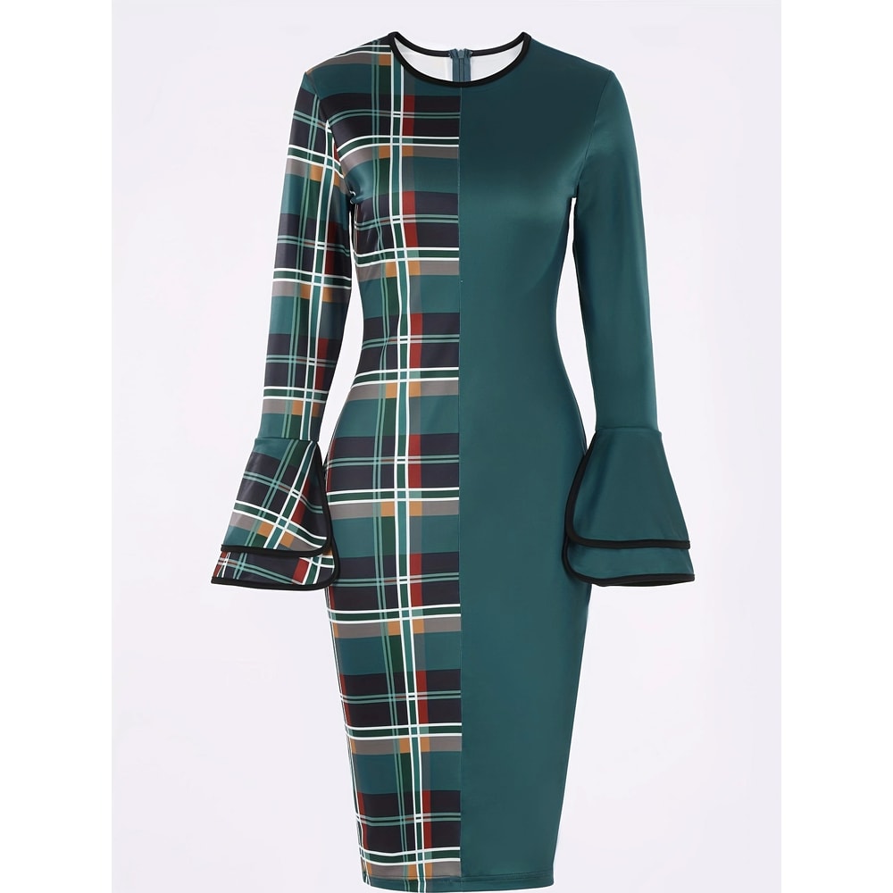 Womens Dress Plaid Patchwork Green Round Neck Tight Dress, No Belt, Stylish Casual Fit for All Occasions