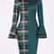 Womens Dress Plaid Patchwork Green Round Neck Tight Dress, No Belt, Stylish Casual Fit for All Occasions