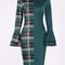 Womens Dress Plaid Patchwork Green Round Neck Tight Dress, No Belt, Stylish Casual Fit for All Occasions