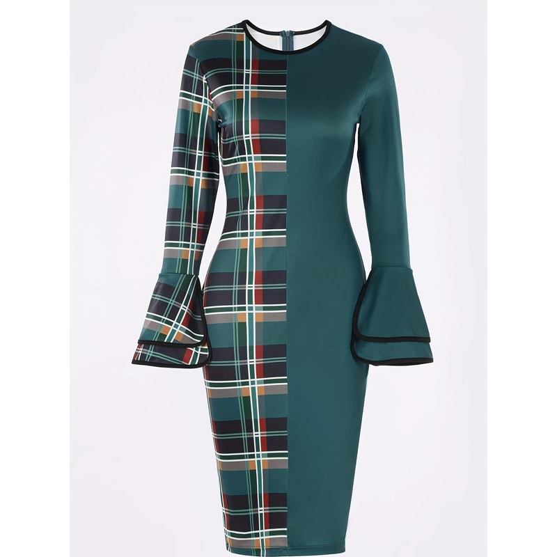 Womens Dress Plaid Patchwork Green Round Neck Tight Dress, No Belt, Stylish Casual Fit for All Occasions
