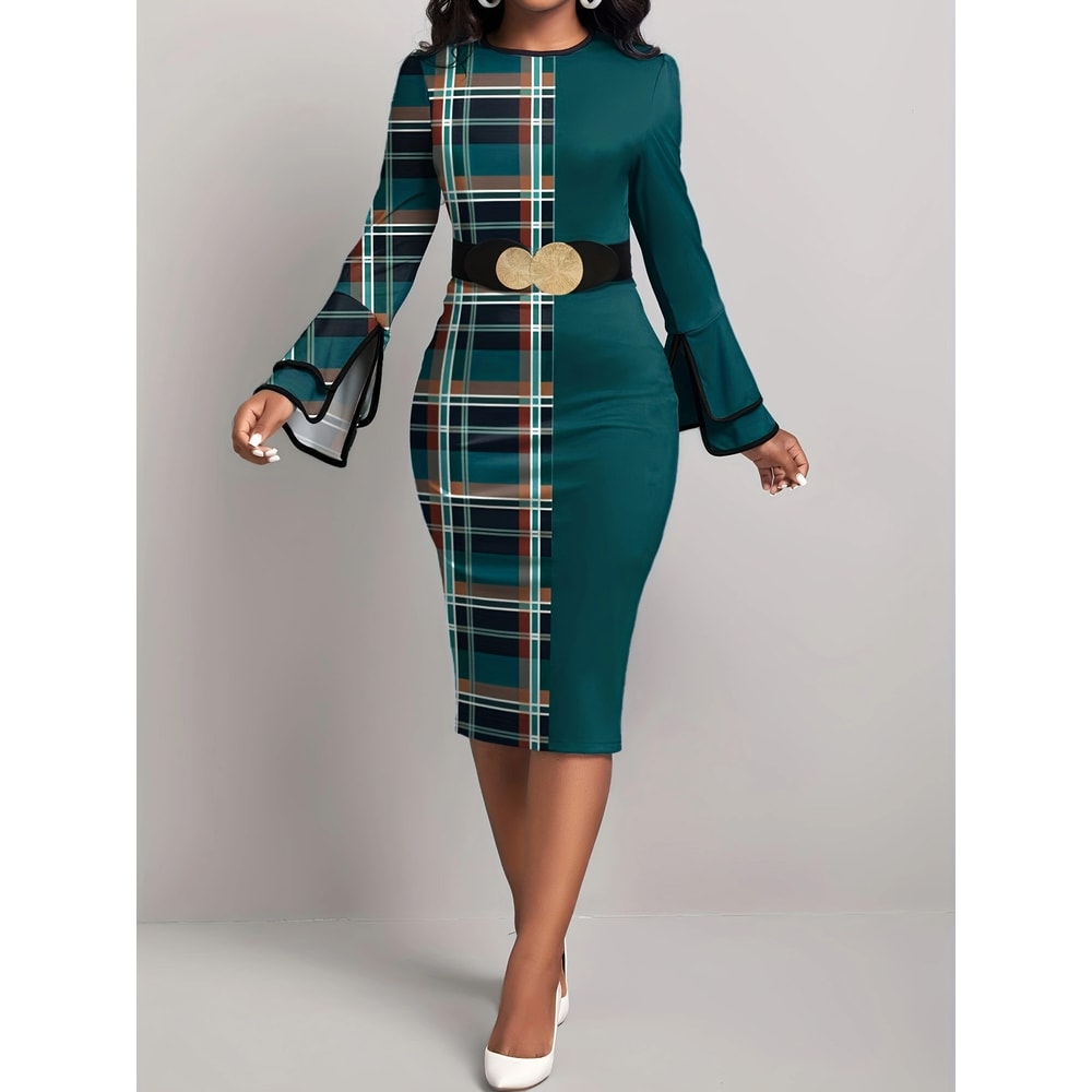 Womens Dress Plaid Patchwork Green Round Neck Tight Dress, No Belt, Stylish Casual Fit for All Occasions