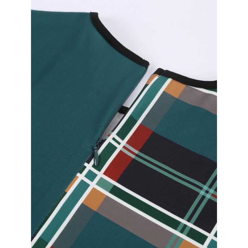 Womens Dress Plaid Patchwork Green Round Neck Tight Dress, No Belt, Stylish Casual Fit for All Occasions