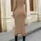 Women's Solid Color Round Neck Midi Dress, Belted Slit Hem Casual Long Sleeve Office Shift Dress for Autumn