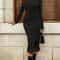 Women's Solid Color Round Neck Midi Dress, Belted Slit Hem Casual Long Sleeve Office Shift Dress for Autumn