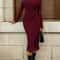 Women's Solid Color Round Neck Midi Dress, Belted Slit Hem Casual Long Sleeve Office Shift Dress for Autumn