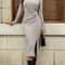Women's Solid Color Round Neck Midi Dress, Belted Slit Hem Casual Long Sleeve Office Shift Dress for Autumn