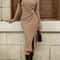 Women's Solid Color Round Neck Midi Dress, Belted Slit Hem Casual Long Sleeve Office Shift Dress for Autumn
