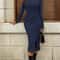 Women's Solid Color Round Neck Midi Dress, Belted Slit Hem Casual Long Sleeve Office Shift Dress for Autumn