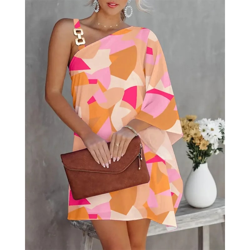Summer Commuter Womens Dress One Line Diagonal Neck Off Shoulder Solid Color Printed Metal Strap Ba 10