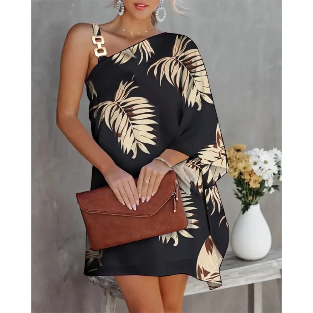 Summer Commuter Womens Dress One Line Diagonal Neck Off Shoulder Solid Color Printed Metal Strap Ba 7