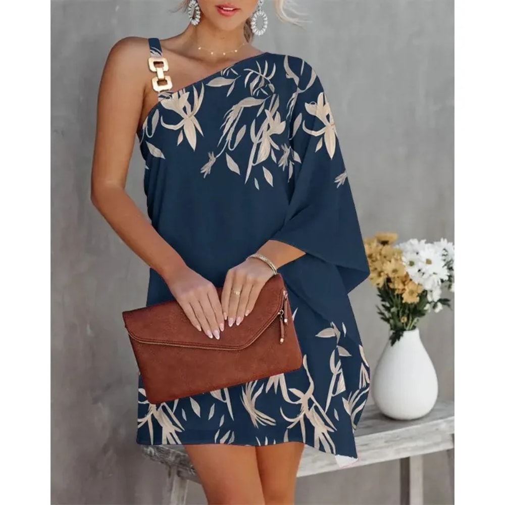 Summer Commuter Womens Dress One Line Diagonal Neck Off Shoulder Solid Color Printed Metal Strap Ba 9