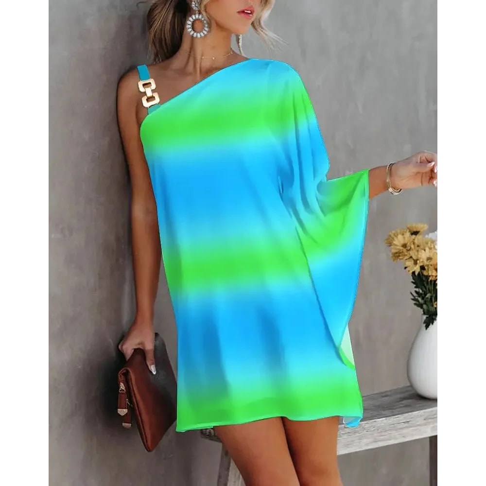 Summer Commuter Womens Dress One Line Diagonal Neck Off Shoulder Solid Color Printed Metal Strap Ba 12