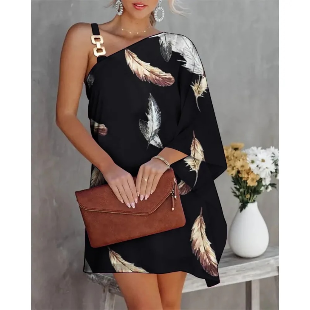 Summer Commuter Womens Dress One Line Diagonal Neck Off Shoulder Solid Color Printed Metal Strap Ba 13