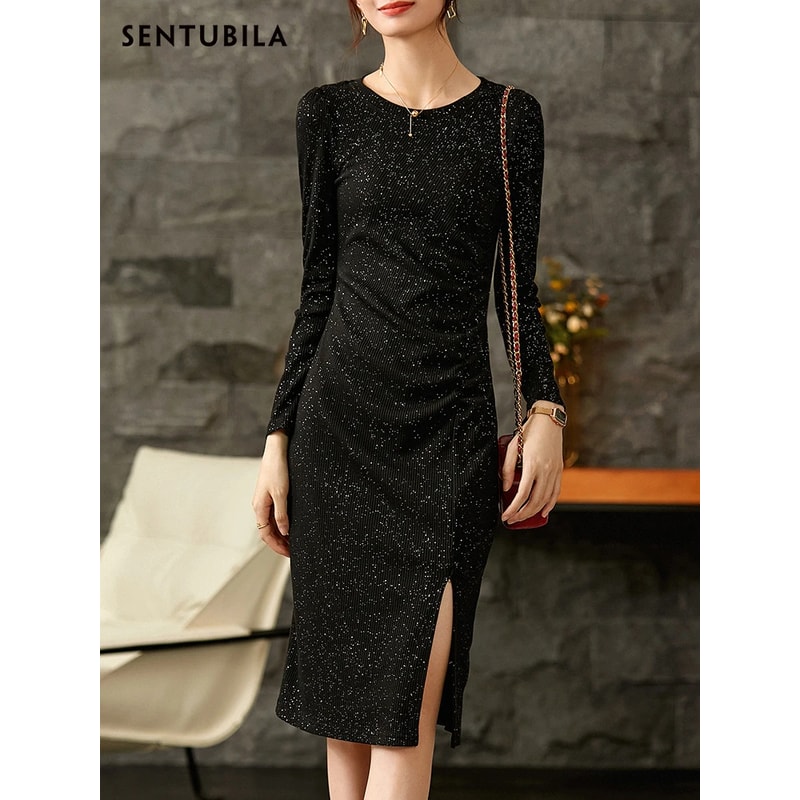 Black Sequin Bodycon Dress For Women Autumn Elegant Lady Sexy Split Knitted Birthday Dress Luxury E 1