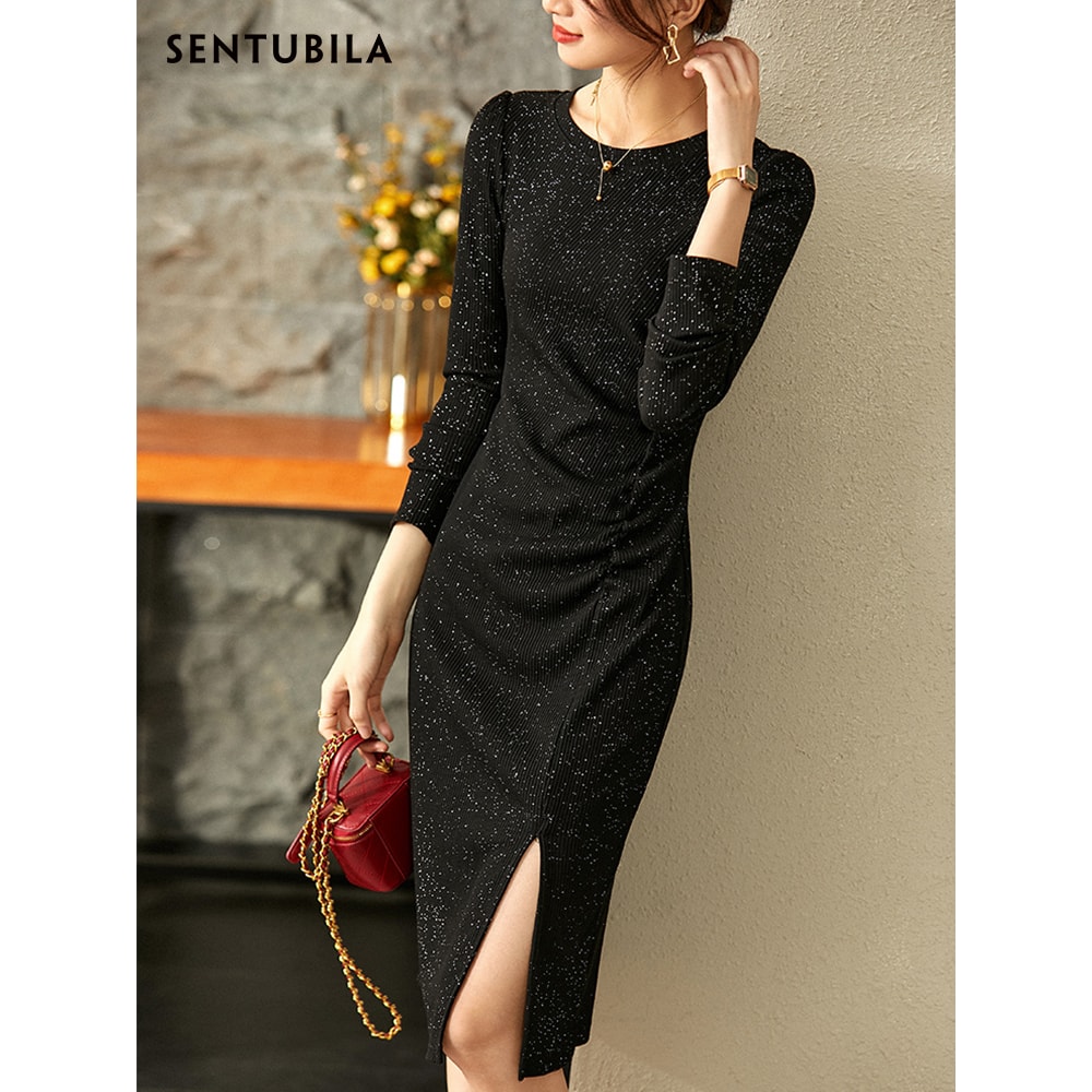 Black Sequin Bodycon Dress For Women Autumn Elegant Lady Sexy Split Knitted Birthday Dress Luxury E 2