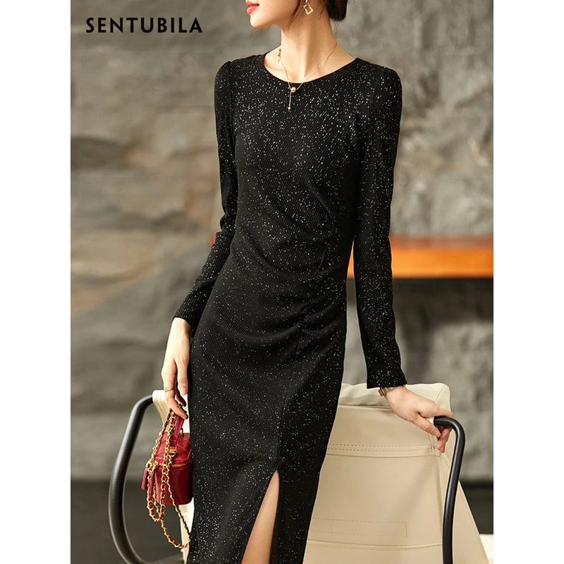 Black Sequin Bodycon Dress For Women Autumn Elegant Lady Sexy Split Knitted Birthday Dress Luxury E 3