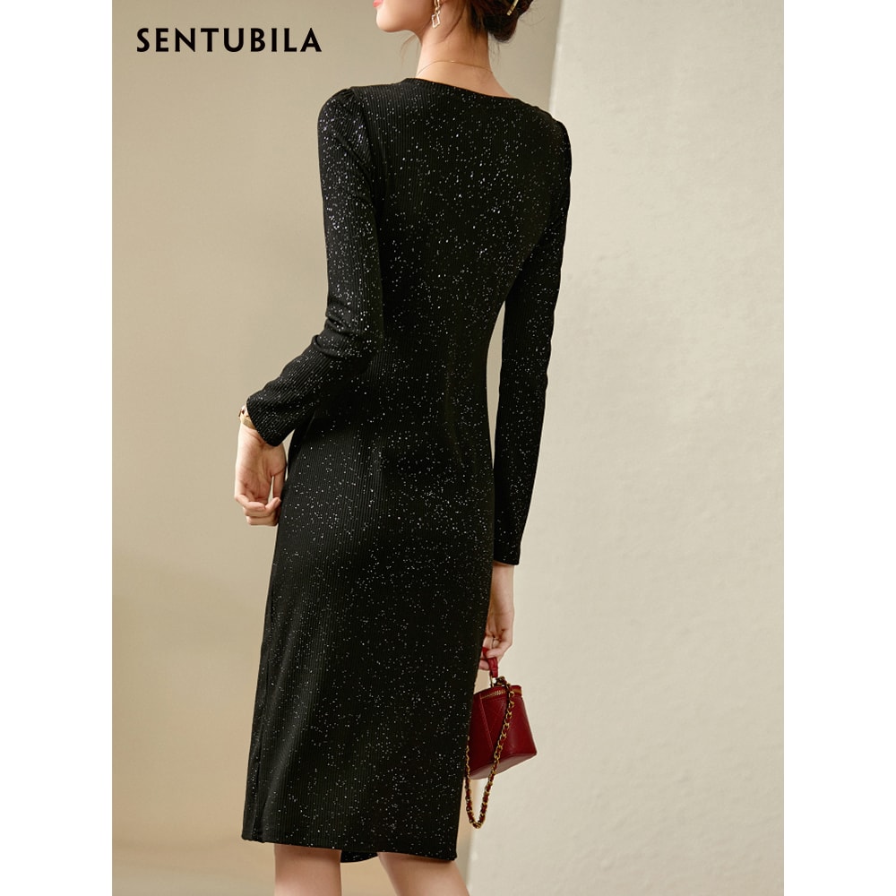 Black Sequin Bodycon Dress For Women Autumn Elegant Lady Sexy Split Knitted Birthday Dress Luxury E 4