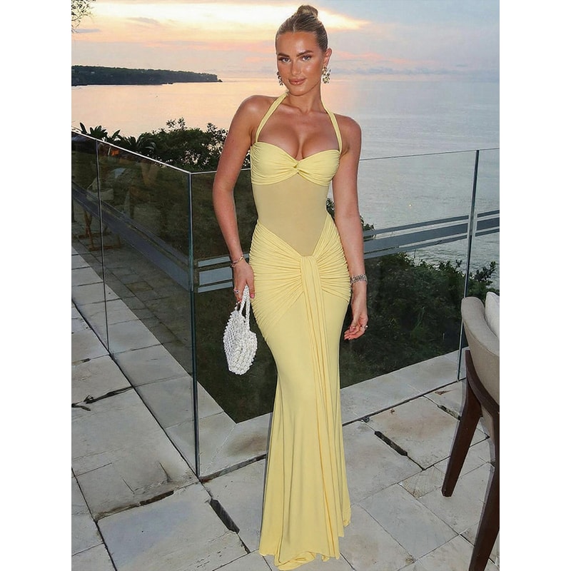 Nibber Halter Mesh Patchwork Dress Women, Summer Trend Off Shoulder, Backless Ruched Ribbon, Midnight Prom Party Hipster