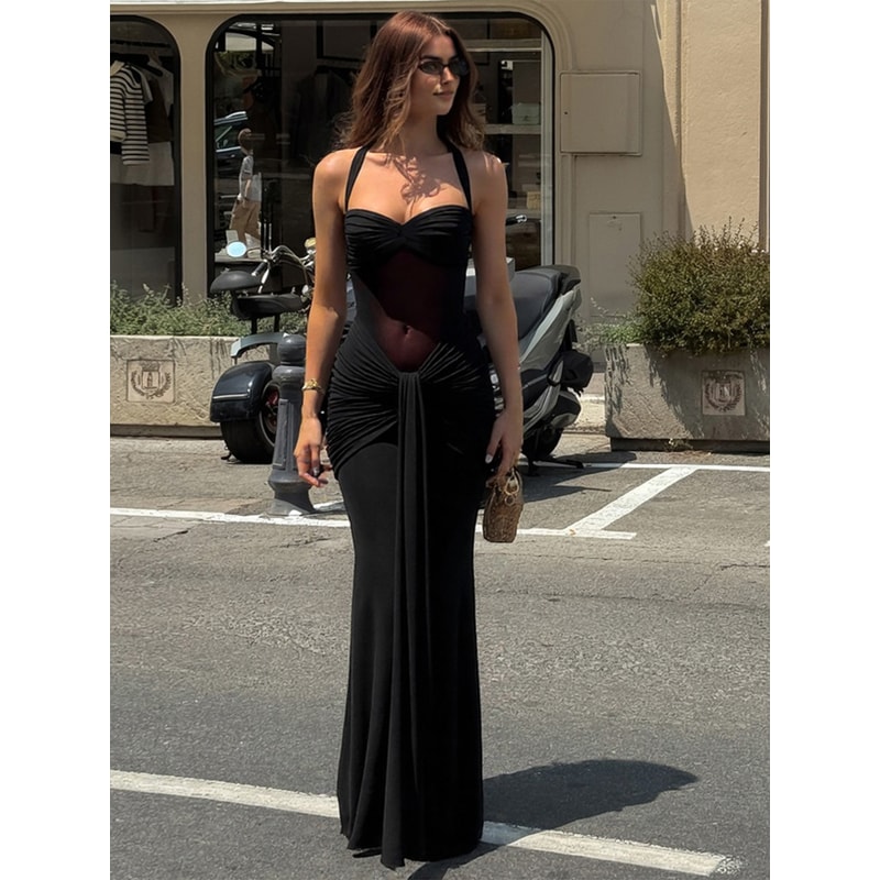 Nibber Halter Mesh Patchwork Dress Women, Summer Trend Off Shoulder, Backless Ruched Ribbon, Midnight Prom Party Hipster