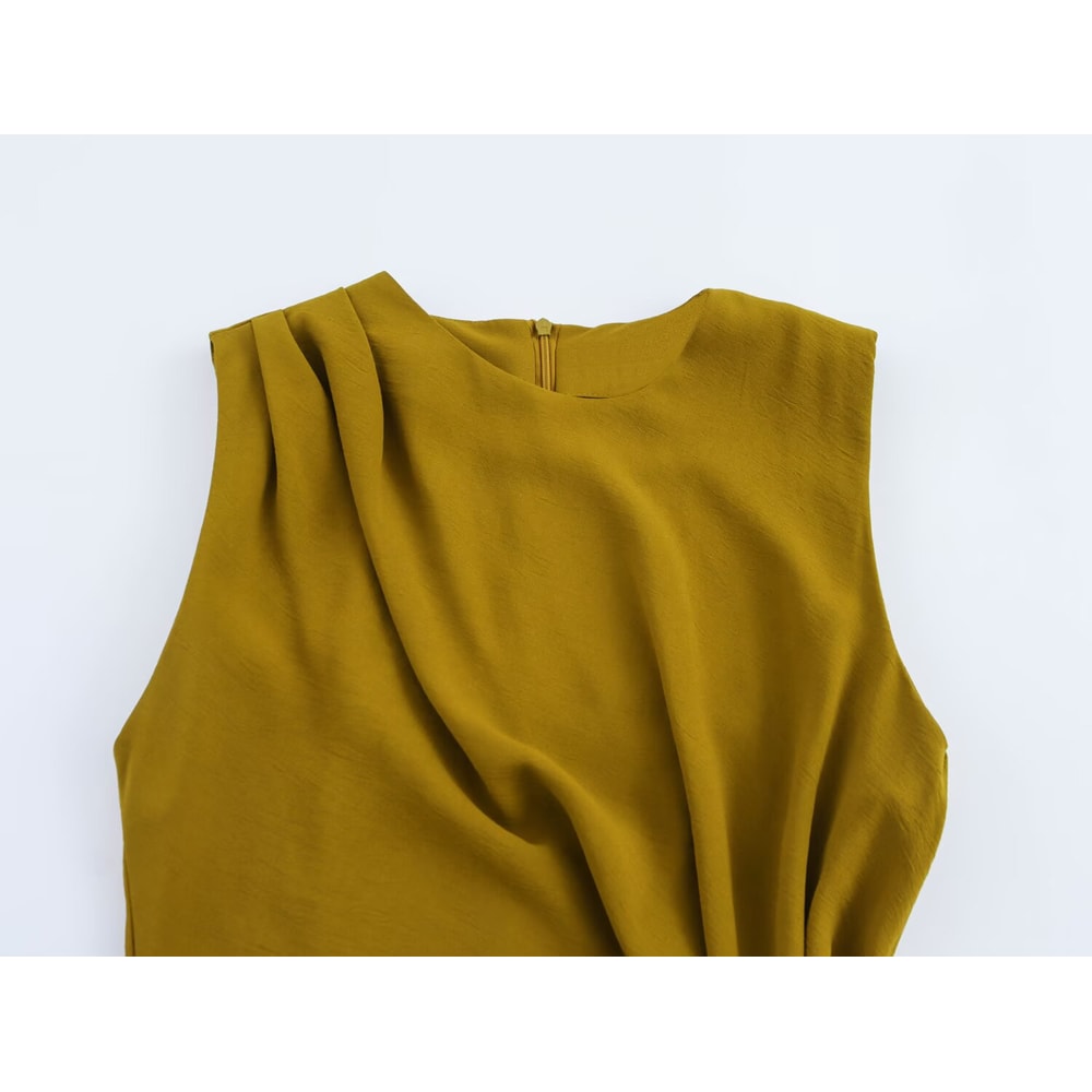 Summer New Womens Casual Fashion Simple Pleated Decoration Temperament Round Neck Sleeveless Midi D 2