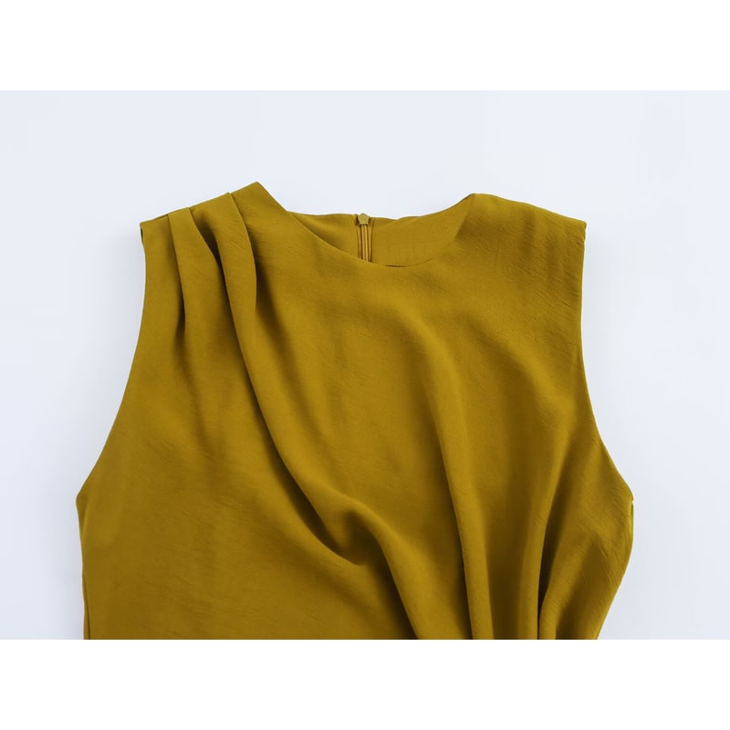 Summer New Womens Casual Fashion Simple Pleated Decoration Temperament Round Neck Sleeveless Midi D 2