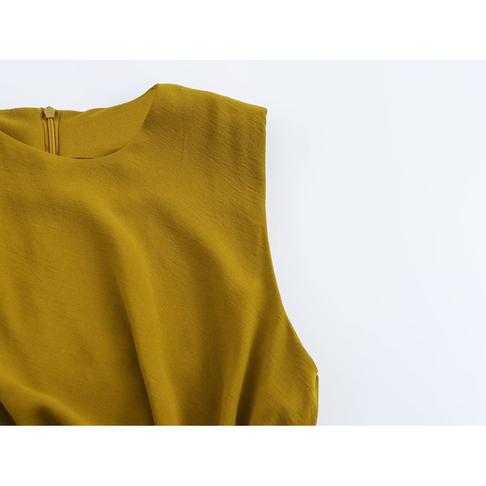 Summer New Womens Casual Fashion Simple Pleated Decoration Temperament Round Neck Sleeveless Midi D 3