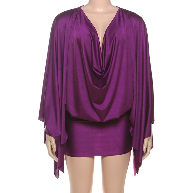 Spring Elegant Classic Satin Dress for Women, Deep V-Neck, Swing Long Sleeve, Simple Midnight Clubwear, Midnight Skinny