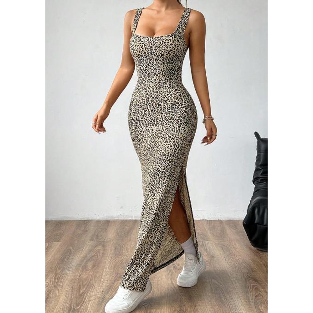 Sexy Midi Dress Woman Summer Dress Spicy Girl Sexy Leopard Print UNeck Camisole Dress Tight Fit Bod 3