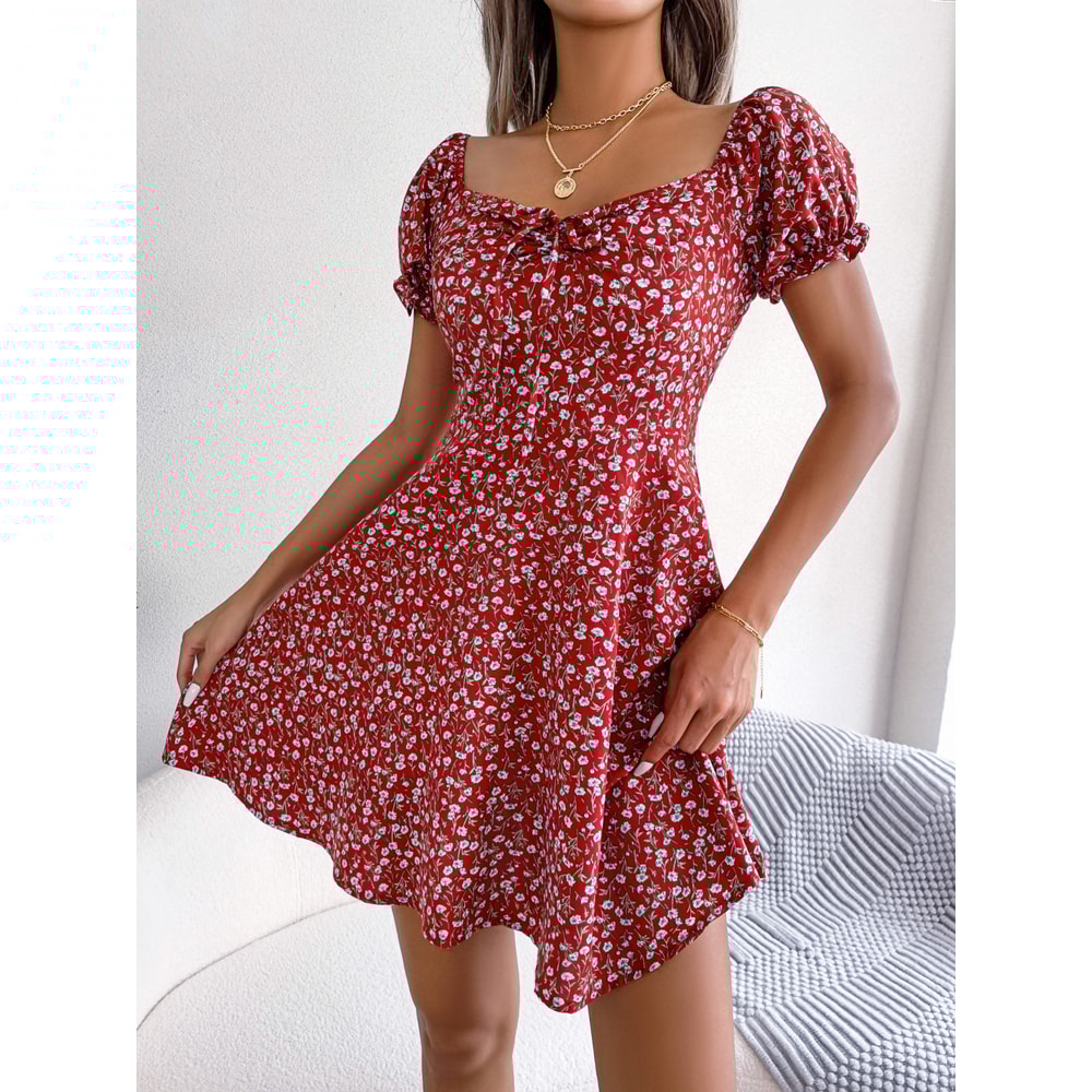 Women Casual Square Neck Flare Short Sleeve Floral Dress, Elegant A-Line Spring Summer Dress for Fashionable Women