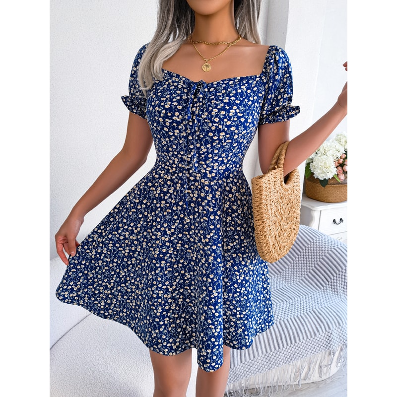 Women Casual Square Neck Flare Short Sleeve Floral Dress, Elegant A-Line Spring Summer Dress for Fashionable Women