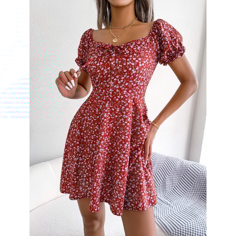 Women Casual Square Neck Flare Short Sleeve Floral Dress, Elegant A-Line Spring Summer Dress for Fashionable Women
