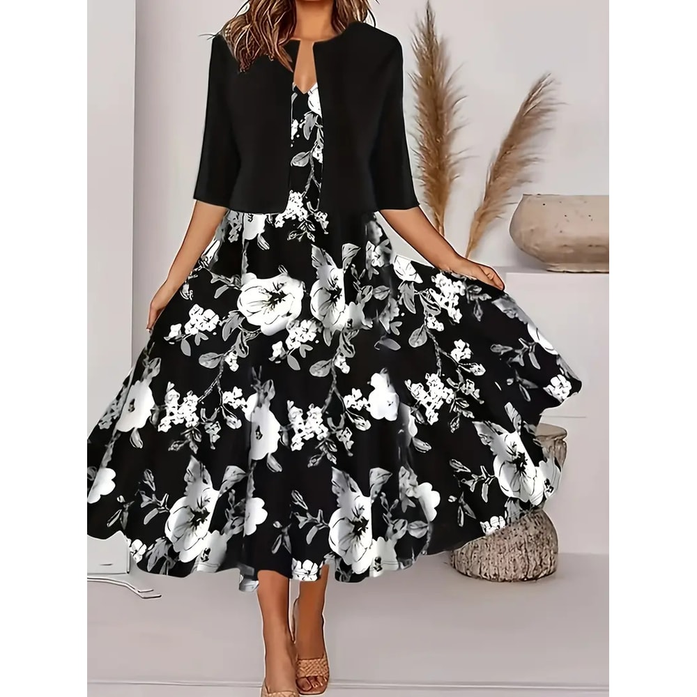 Autumn New Womens Long Dress TwoPiece Set Floral Print Round Neck Dress Coat For Women 7