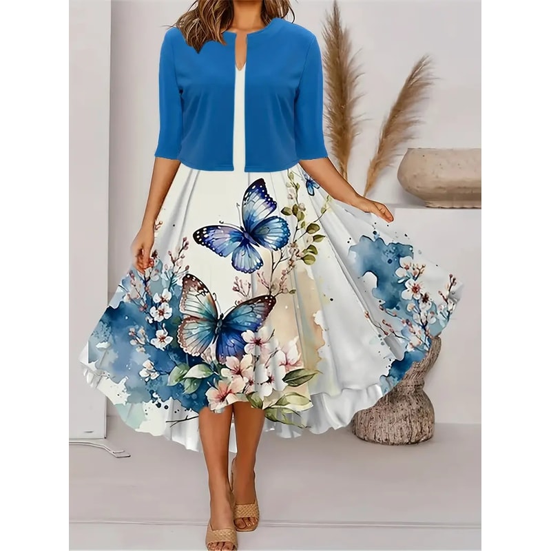 Autumn New Womens Long Dress TwoPiece Set Floral Print Round Neck Dress Coat For Women 5