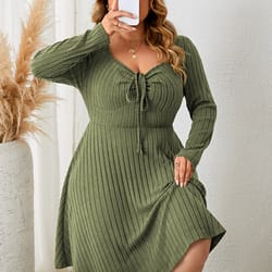 sweetheart neck knot front a-line dress for women, fall vintage ribbed knit long sleeve casual winter dresses
