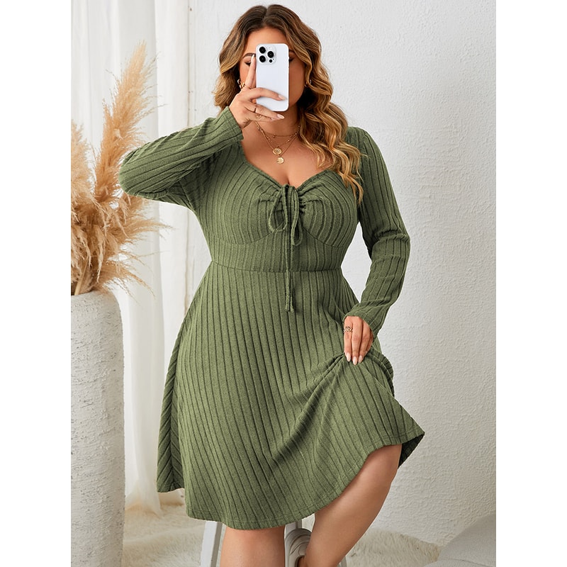 Sweetheart Neck Knot Front ALine Dress For Women Fall Vintage Ribbed Knit Long Sleeve Casual Winter 0