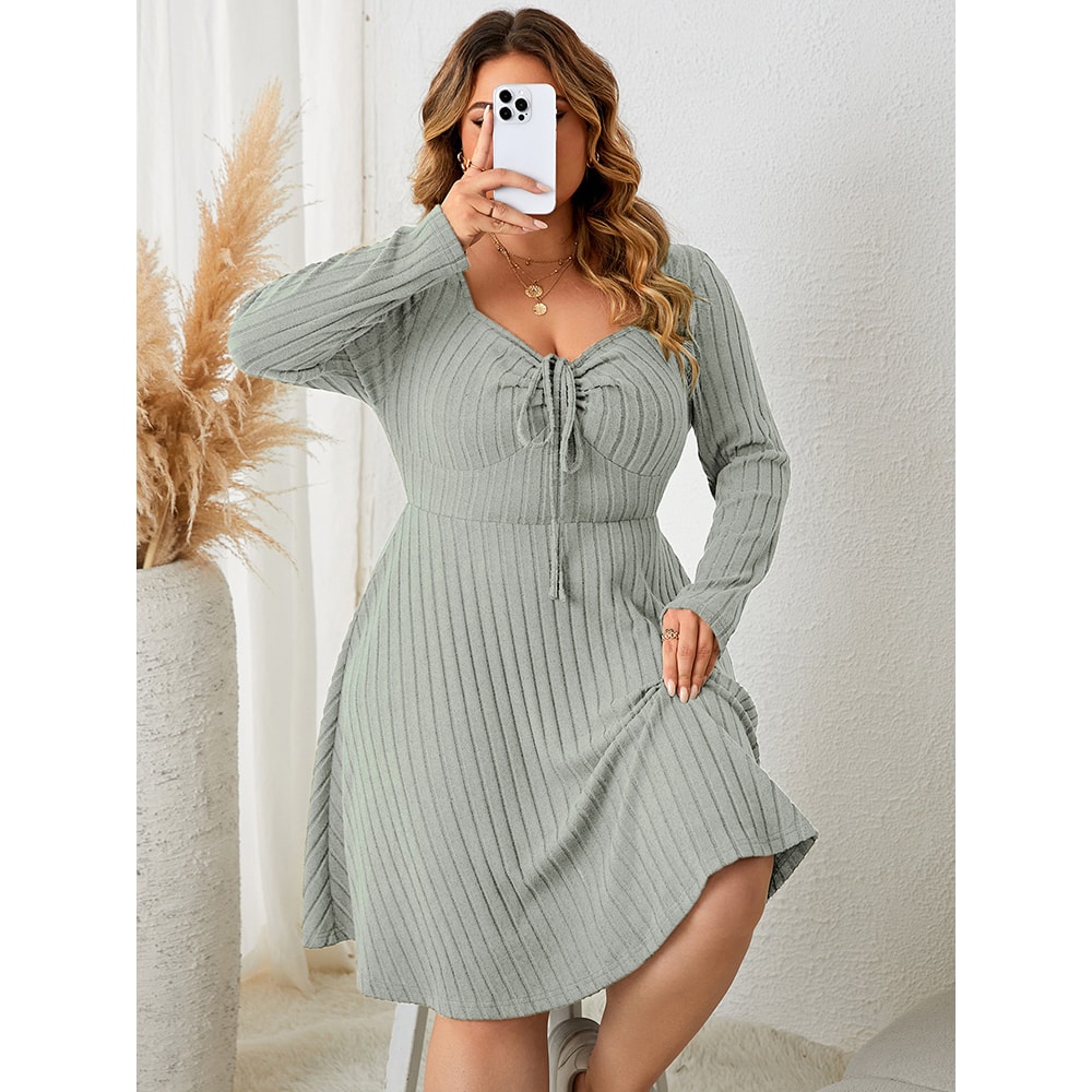 Sweetheart Neck Knot Front ALine Dress For Women Fall Vintage Ribbed Knit Long Sleeve Casual Winter 1