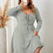 Sweetheart Neck Knot Front ALine Dress For Women Fall Vintage Ribbed Knit Long Sleeve Casual Winter 1
