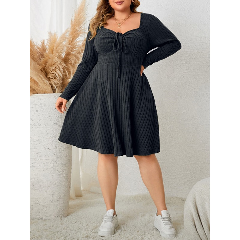 Sweetheart Neck Knot Front ALine Dress For Women Fall Vintage Ribbed Knit Long Sleeve Casual Winter 2