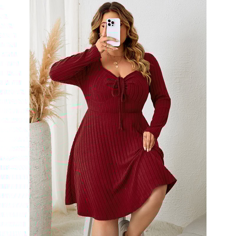 Sweetheart Neck Knot Front ALine Dress For Women Fall Vintage Ribbed Knit Long Sleeve Casual Winter 3
