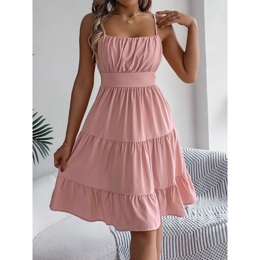 Casual Vacation Ruffled Camisole Dress, Spring Summer Women's Solid Dresses, Valentine's Day Pink Blue Woman Clothing
