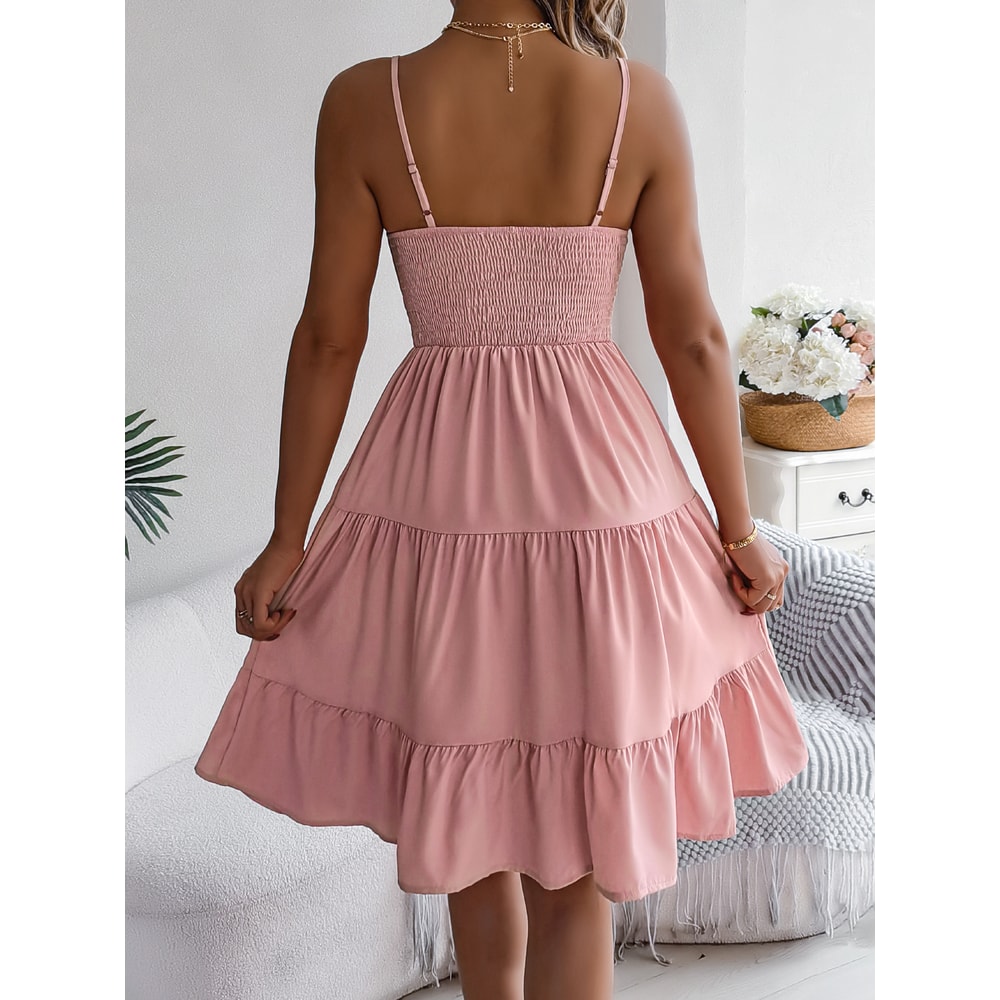 Casual Vacation Ruffled Camisole Dress, Spring Summer Women's Solid Dresses, Valentine's Day Pink Blue Woman Clothing