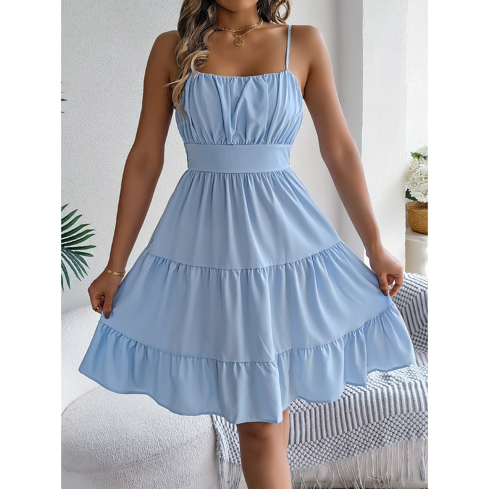 Casual Vacation Ruffled Camisole Dress, Spring Summer Women's Solid Dresses, Valentine's Day Pink Blue Woman Clothing