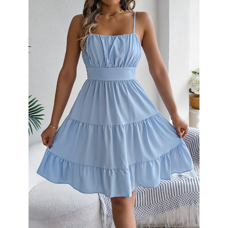 Casual Vacation Ruffled Camisole Dress, Spring Summer Women's Solid Dresses, Valentine's Day Pink Blue Woman Clothing