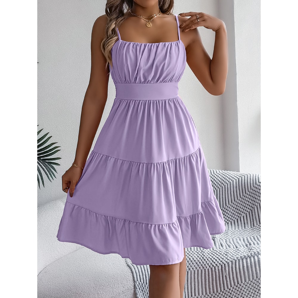 Casual Vacation Ruffled Camisole Dress, Spring Summer Women's Solid Dresses, Valentine's Day Pink Blue Woman Clothing