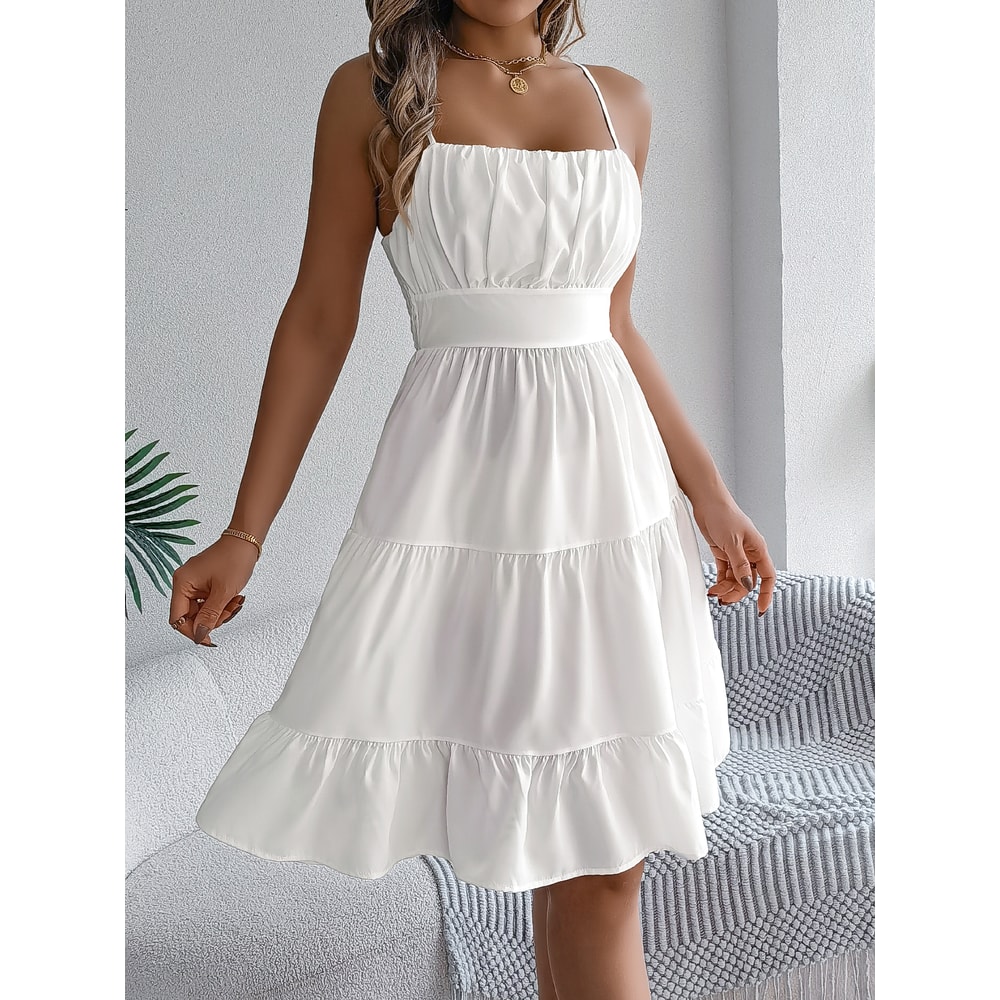 Casual Vacation Ruffled Camisole Dress, Spring Summer Women's Solid Dresses, Valentine's Day Pink Blue Woman Clothing