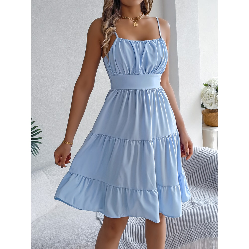 Casual Vacation Ruffled Camisole Dress, Spring Summer Women's Solid Dresses, Valentine's Day Pink Blue Woman Clothing