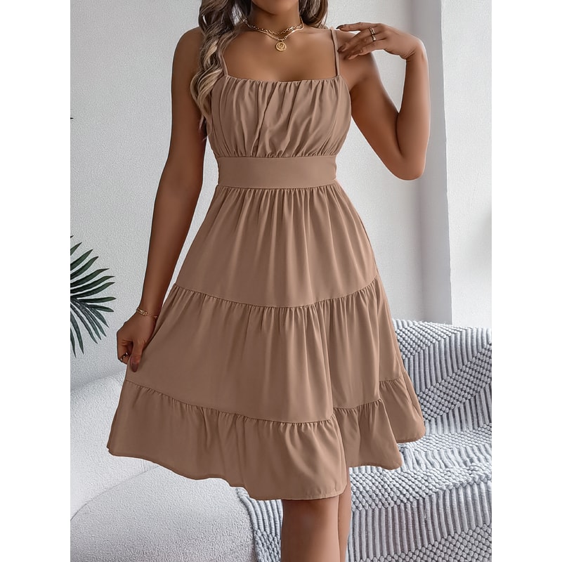 Casual Vacation Ruffled Camisole Dress, Spring Summer Women's Solid Dresses, Valentine's Day Pink Blue Woman Clothing