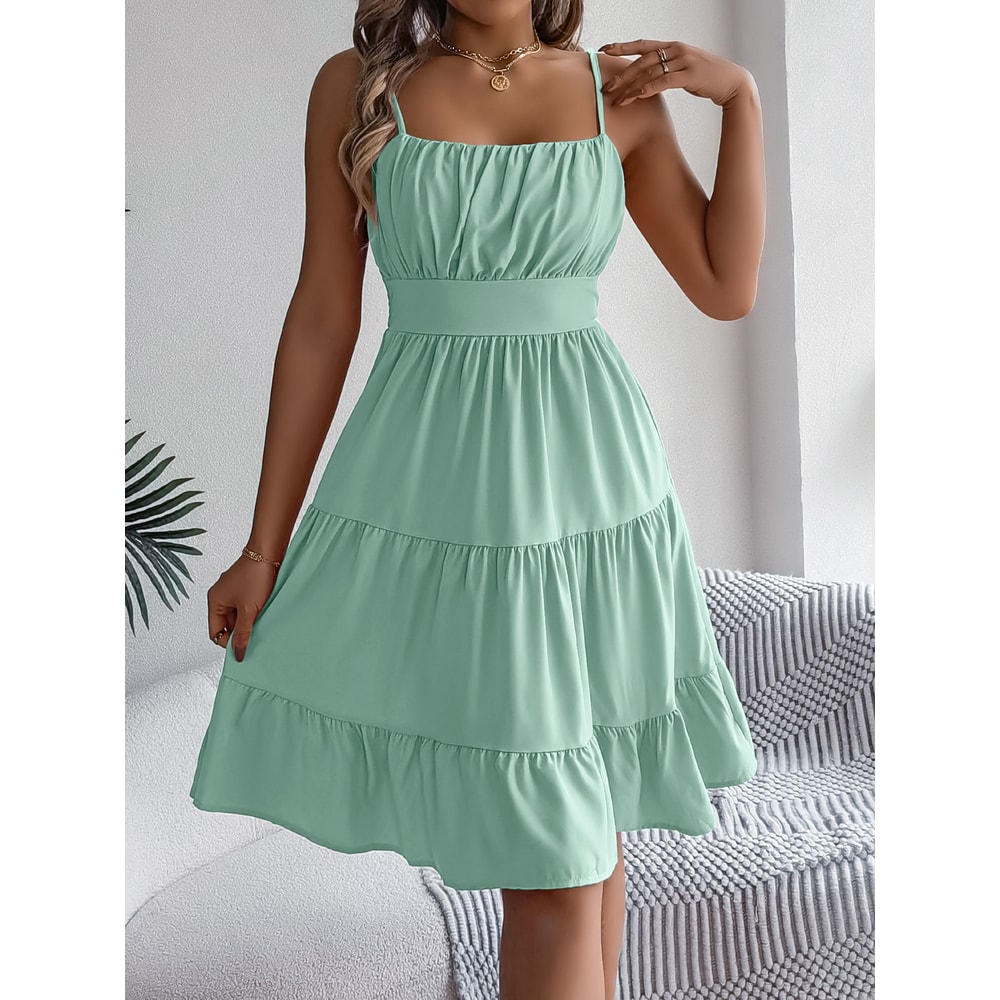 Casual Vacation Ruffled Camisole Dress, Spring Summer Women's Solid Dresses, Valentine's Day Pink Blue Woman Clothing