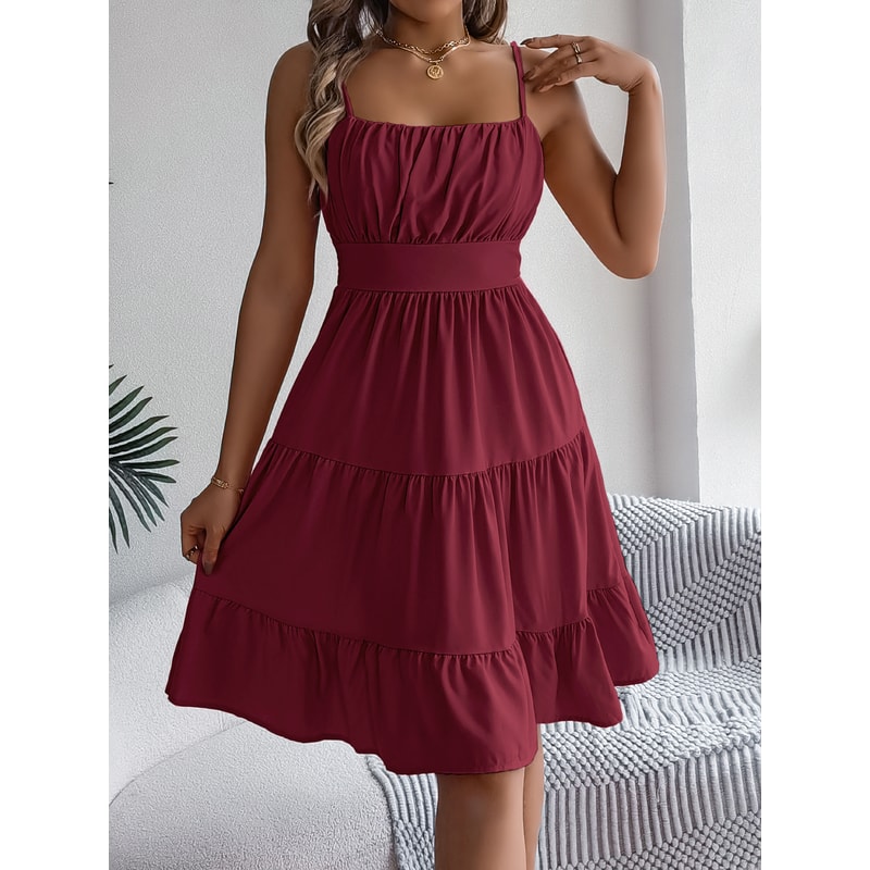 Casual Vacation Ruffled Camisole Dress, Spring Summer Women's Solid Dresses, Valentine's Day Pink Blue Woman Clothing