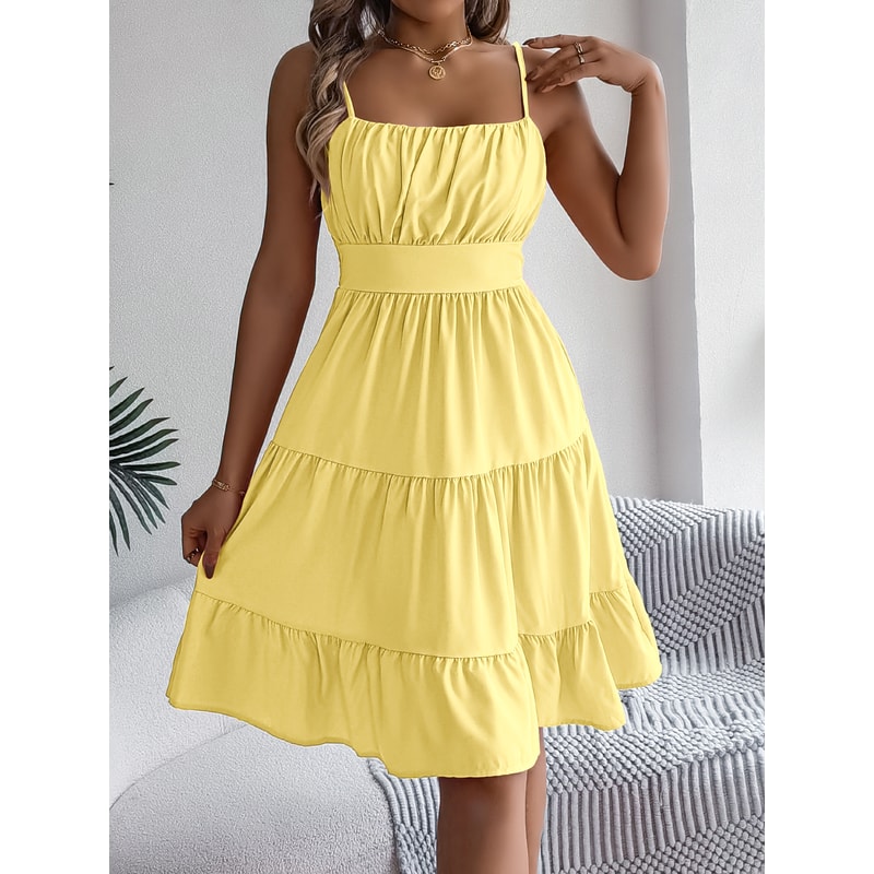 Casual Vacation Ruffled Camisole Dress, Spring Summer Women's Solid Dresses, Valentine's Day Pink Blue Woman Clothing